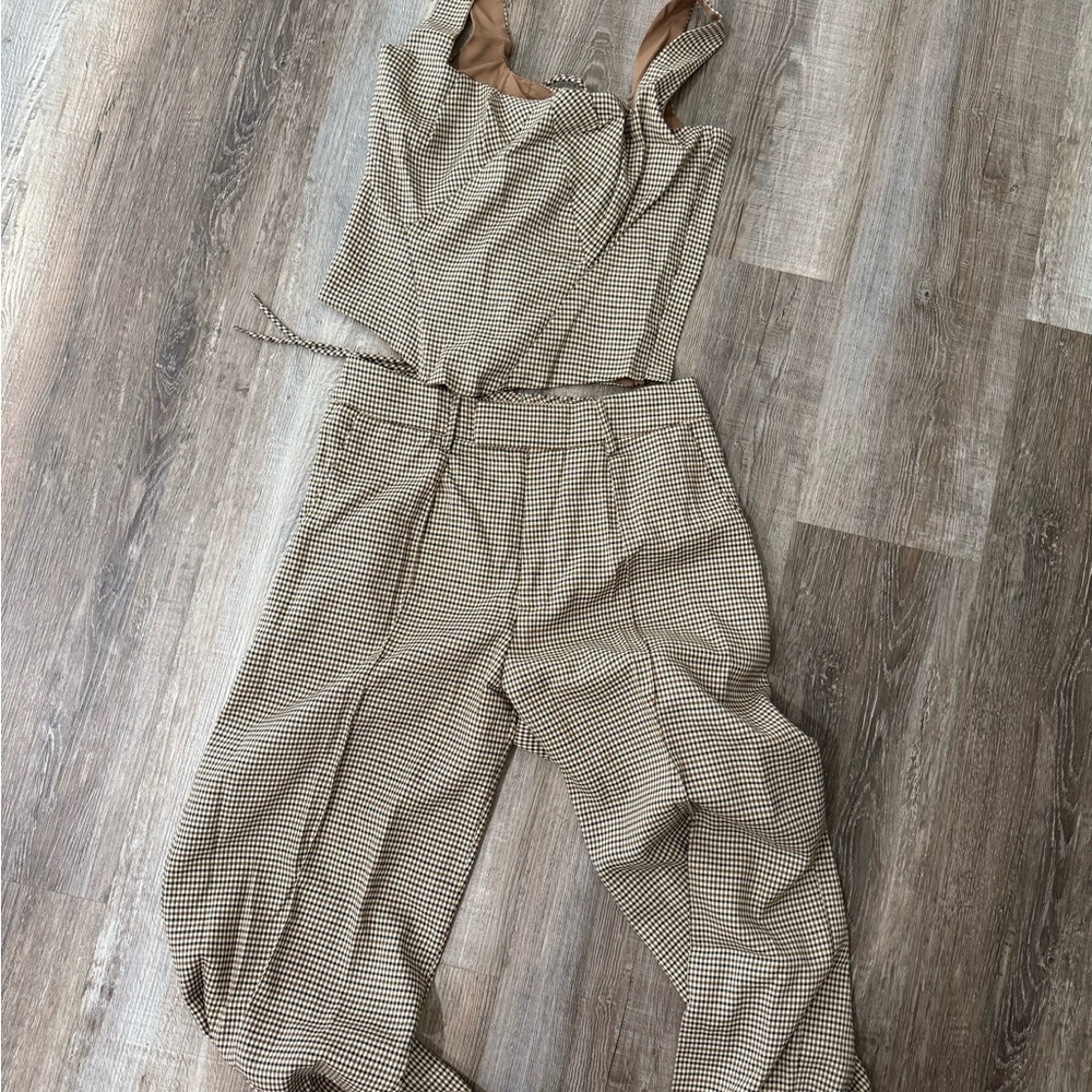 RIHOAS Checkered Jumpsuit in Tan and Black